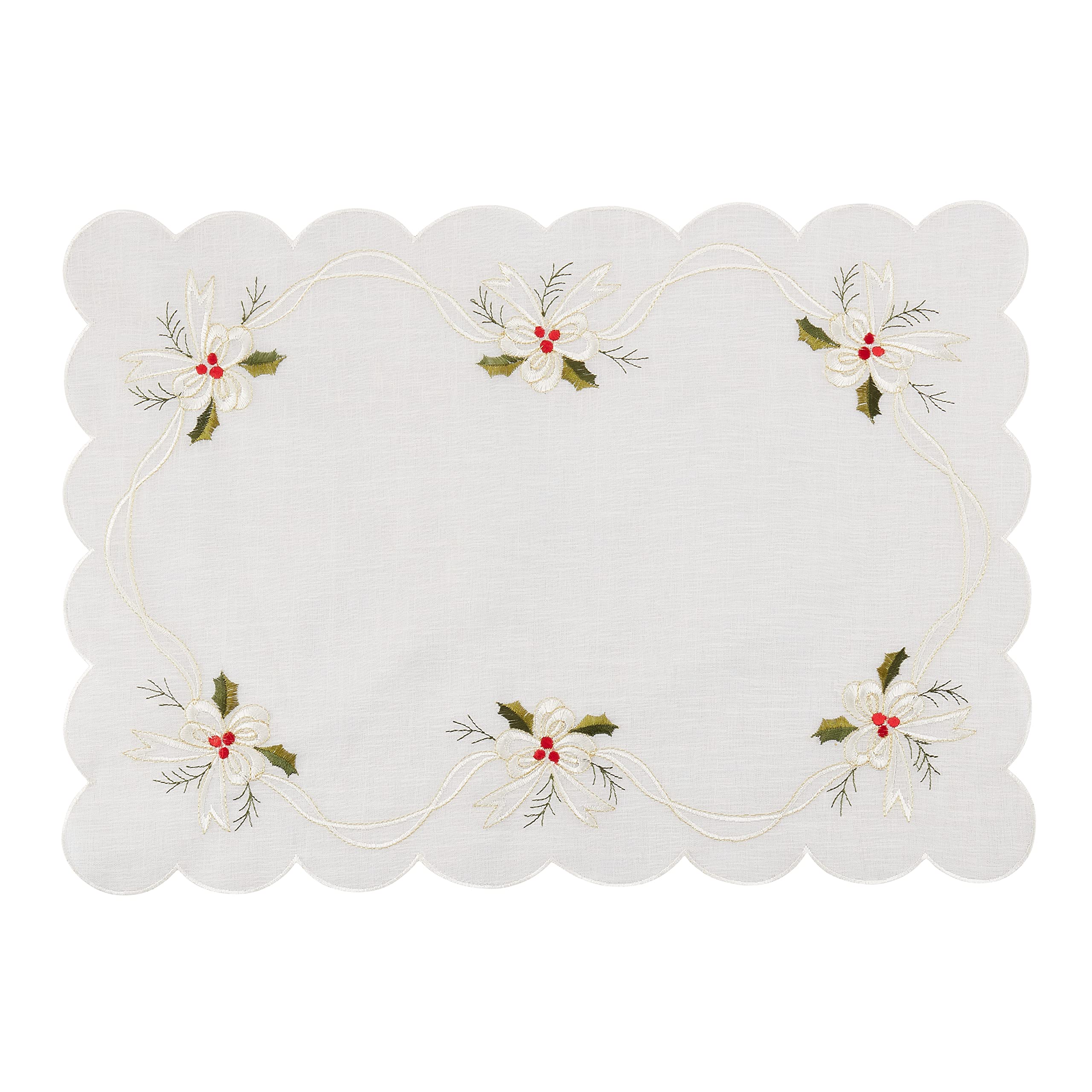 Embroidered Holly and Ribbon Christmas Placemats Set of 4 - Holiday Table Decor for Dining Room, Party, and Festive Home Decor