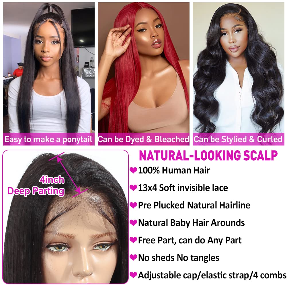 13x4 Lace Front Human Hair Wigs Pre Plucked with Baby Hair | 180 Density 9A Straight Brazilian Hair | Natural Black Color 14 Inch | Perfect for Black Women | Daily Wear, Cosplay & Special Occasions