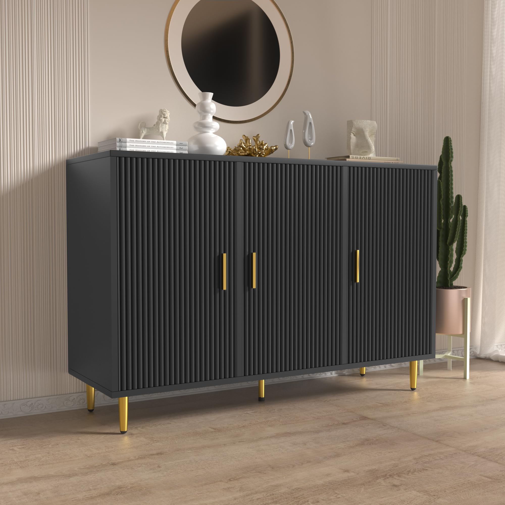 Black Sideboard Buffet Cabinet - 3-Door Accent Coffee Bar Cabinet for Entryway, Living Room, Kitchen & Hallway - Perfect for Storage, Display & Serving Drinks