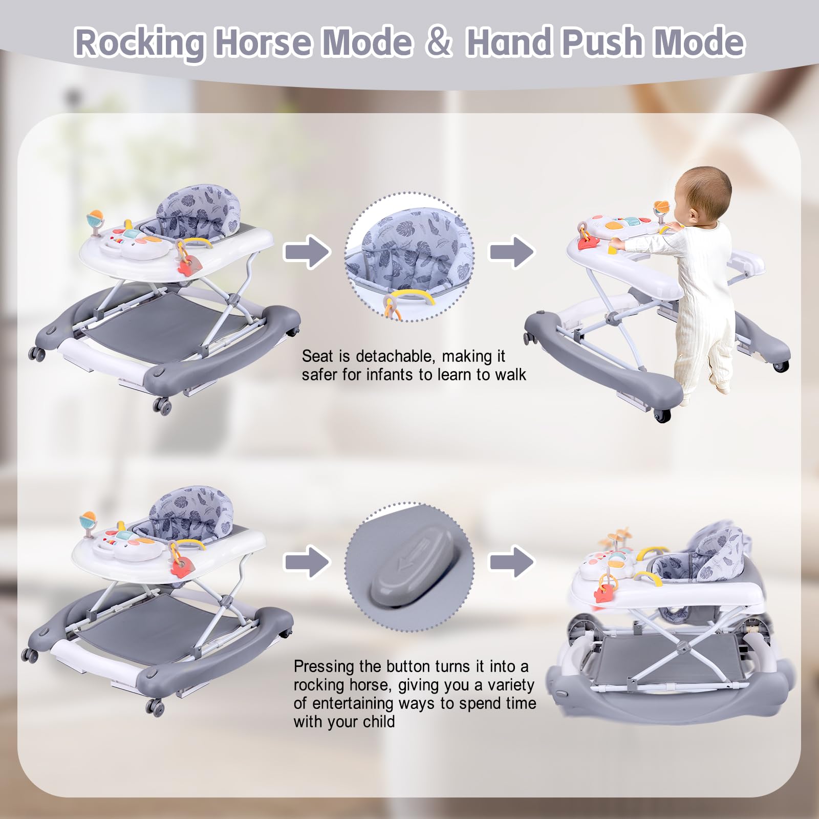 5-in-1 Foldable Baby Walker with Detachable Trampoline Mat - Adjustable Speed Wheels & Height for 6-18 Months (Grey) | Baby Bouncer, Rocker, Activity Center & Push Walker | Perfect for Playtime, Learning to Walk & Indoor Entertainment