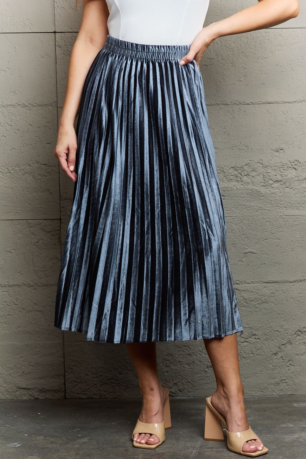 Ninexis Accordion Pleated Flowy Midi Skirt for Women - Elegant A-Line Summer Skirt with Stretchy Waistband | Perfect for Office, Date Night & Casual Outings