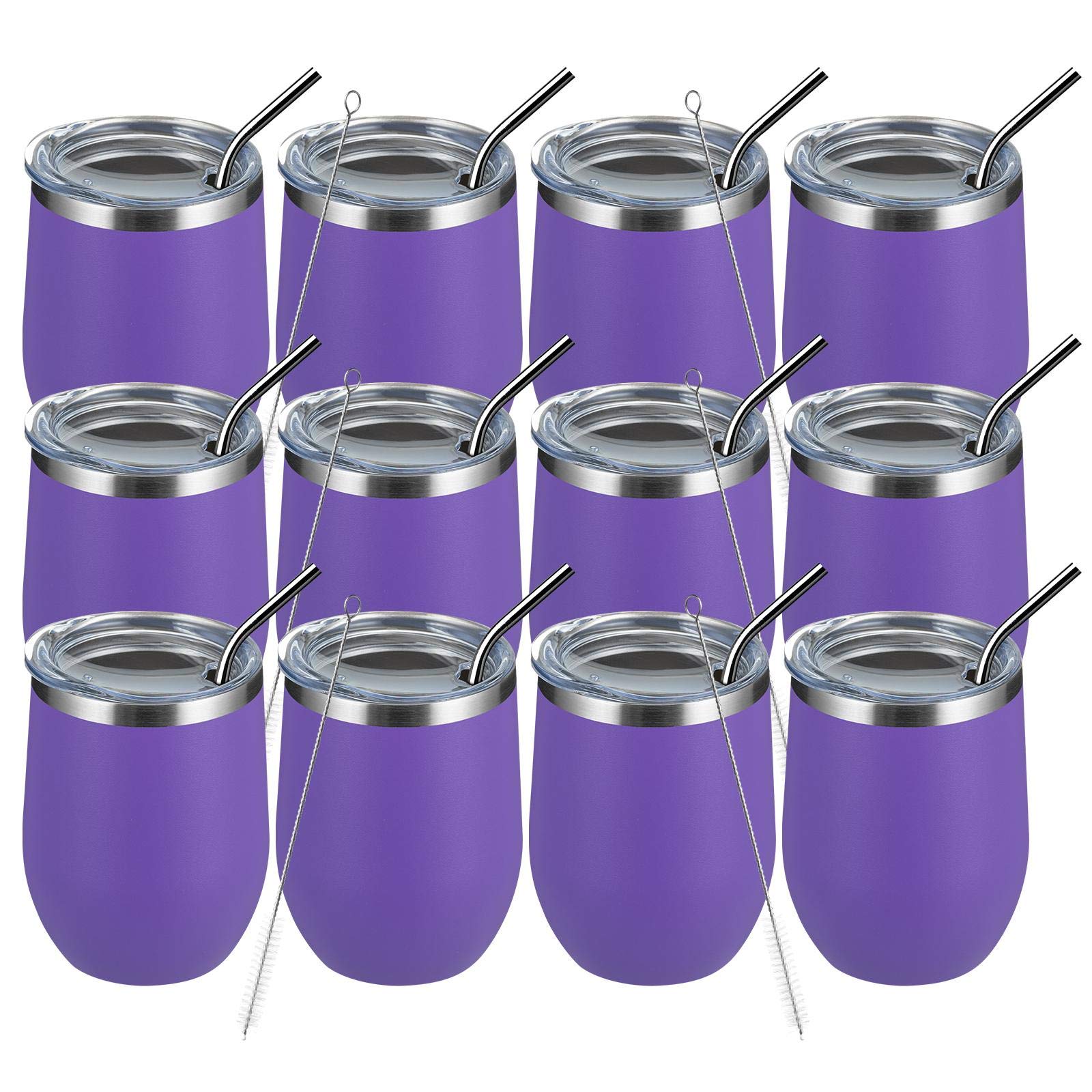 MEWAY 12oz (12-Pack) Insulated Stainless Steel Wine Tumblers with Lid - Double Wall Vacuum Travel Mugs for Wine, Coffee & Cocktails | Stemless Cups for Outdoor, Picnics & Gifts (Purple, Set of 12)
