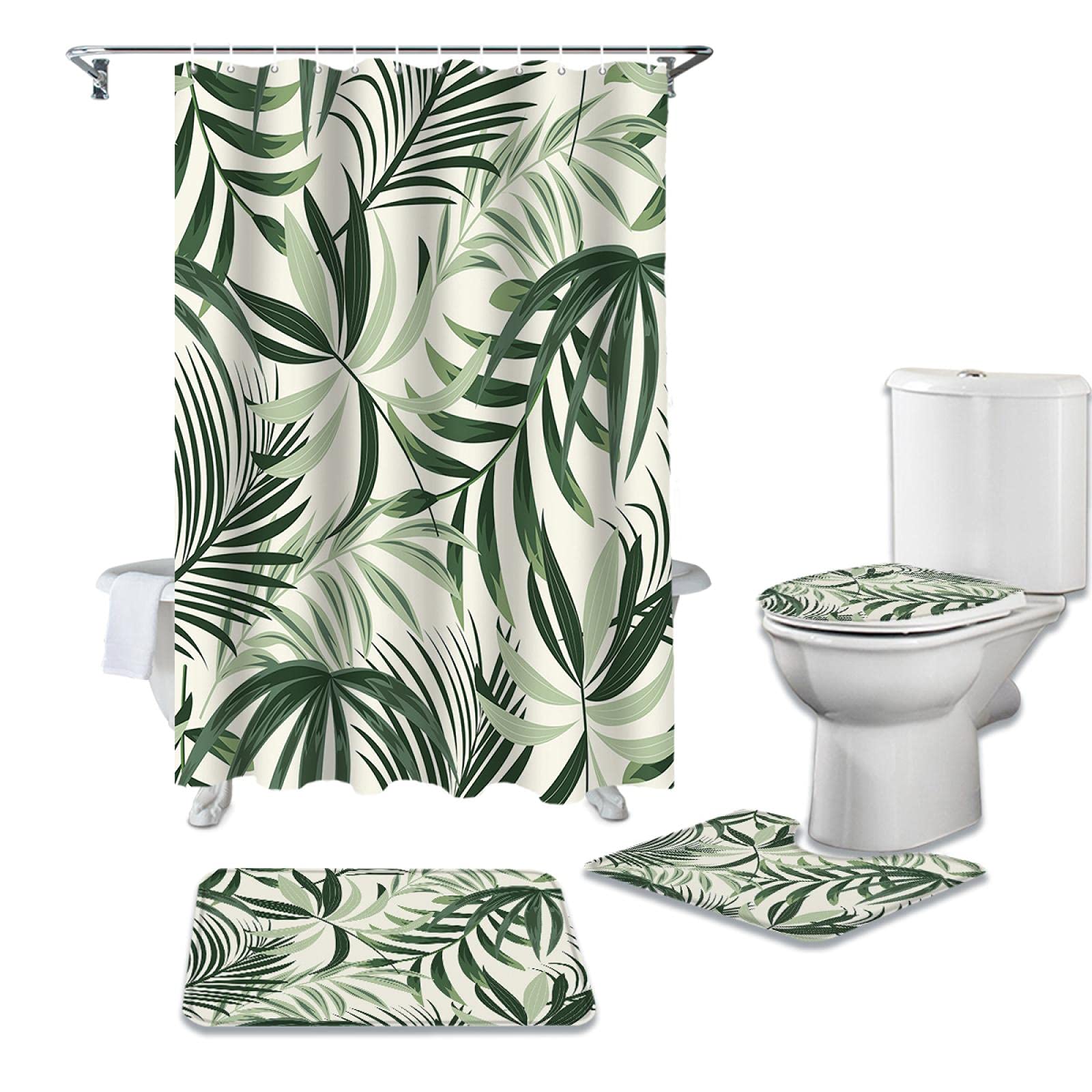 WOSHENG Tropical Plant Leaf Green Waterproof Shower Curtain Set with Matching Bath Mat - Nature-Inspired Bathroom Decor for Spa-Like Shower Experience