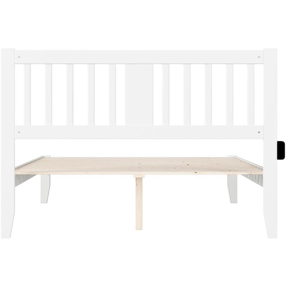 BOWERY HILL Transitional White Wooden Queen Size Spindle Bed Frame with USB Turbo Charger - Perfect for Modern Bedrooms, Guest Rooms & Vacation Homes