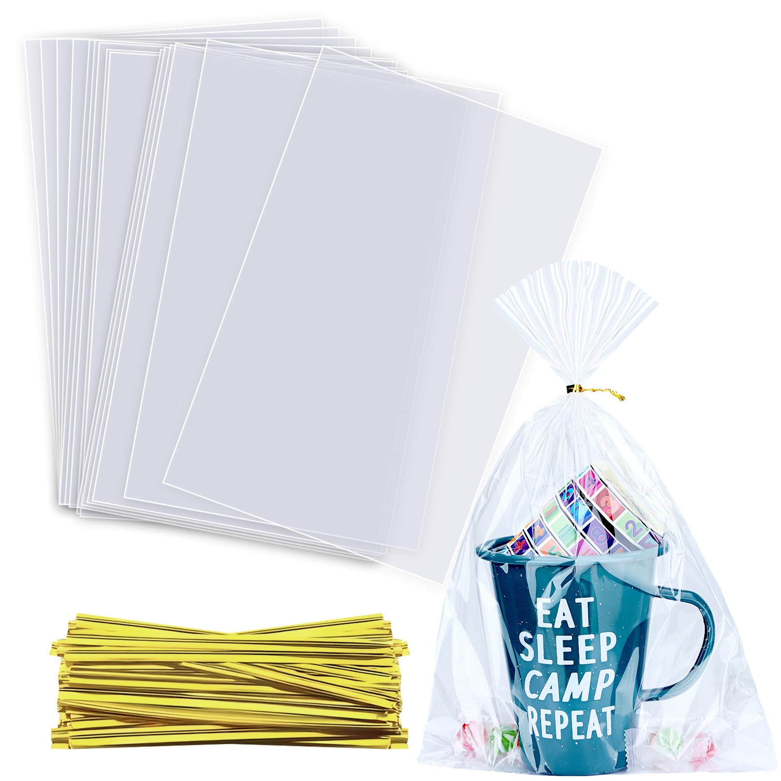 100pcs 8x12 Inch Clear Cellophane Candy Bags with Ties - Treat Bags for Party Favors, Goodie Bags, Cake Pops, Gift Baskets, Bakery Cookies & Apple Gifts - Perfect for Birthday Parties, Baby Showers & Holiday Gift Wrapping