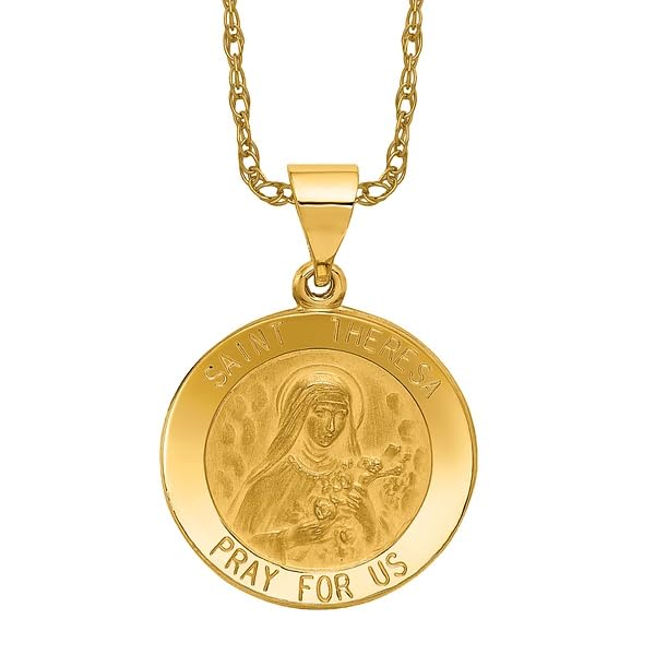 14K Solid Yellow Gold Saint Theresa Medal Necklace - Religious Pendant Charm for Women - Perfect for Baptism, First Communion & Everyday Faith Jewelry