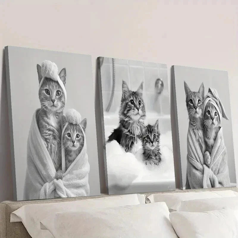 3-Piece Adorable Black and White Cat Wall Art Set - Framed Canvas 50x70cm - High Quality Print - 100% Australian Made - Ready to Hang - Perfect for Living Room, Bedroom & Office Decor