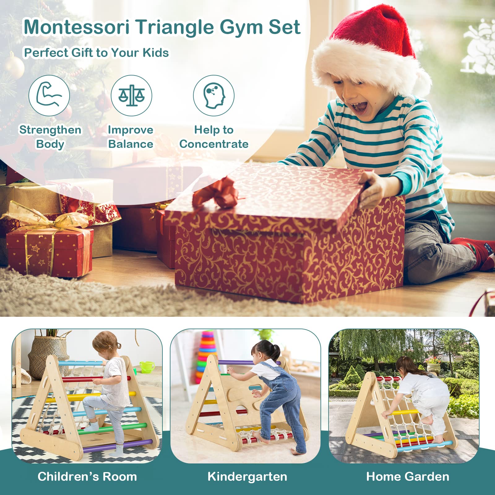 Costzon 4-in-1 Montessori Wooden Triangle Climber for Toddlers - 3-Sided Climbing Toy with Slide Ramp, Climbing Net & Board - Indoor Gym Playset for Kids Boys Girls - Perfect for Home Playroom, Daycare & Preschool Activities