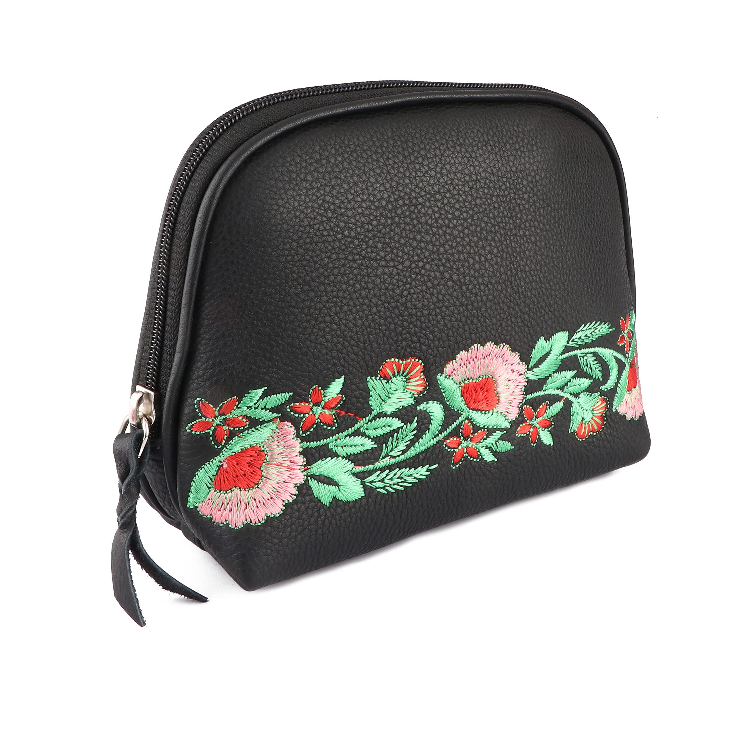 CHALLENGER Women's Black Leather Floral Embroidered Cosmetic Makeup Bag with Zipper - Perfect for Travel, Gym & Everyday Essentials Storage | Model 18BT09BK