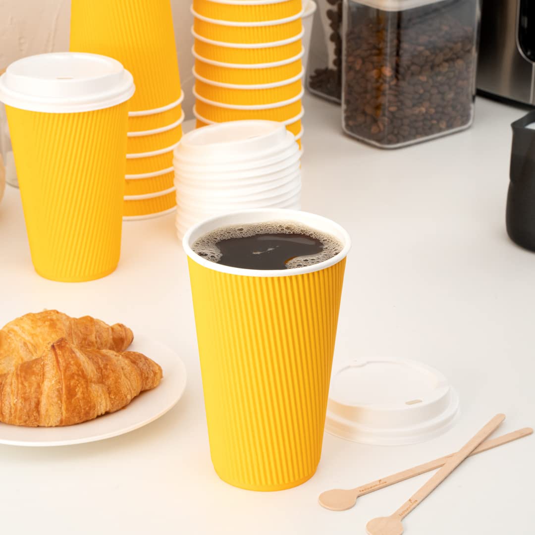 16oz Insulated Coffee Cups with Lids - 200 Pack Leakproof Disposable Hot Drink Cups for Tea, Hot Chocolate & Lattes | Durable Ripple Wall Design, Non-Slip Yellow Paper Cups for Restaurants, Cafes & Office Break Rooms