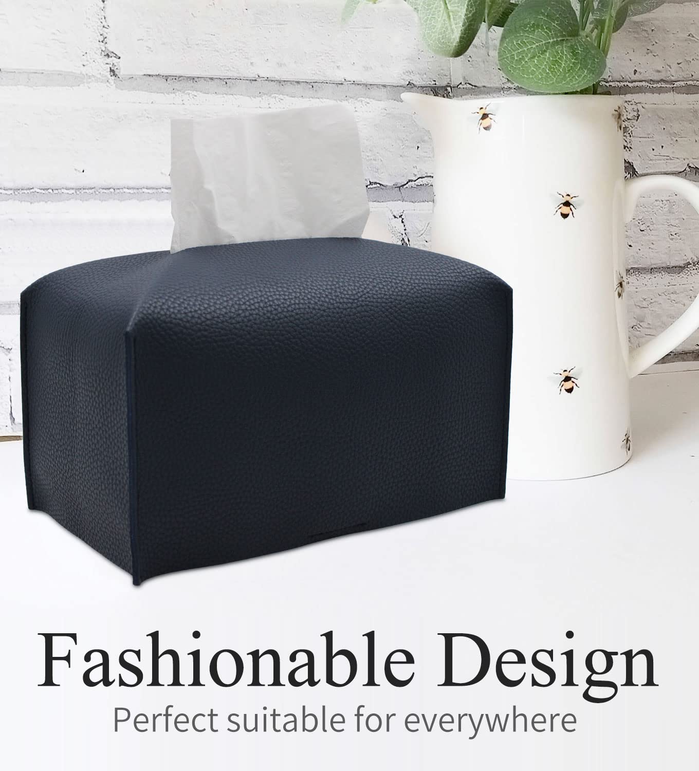 Livelab Modern PU Leather Tissue Box Cover - Navy Blue Decorative Organizer Holder for Vanity, Nightstand, Living Room, Office & Car (9.5