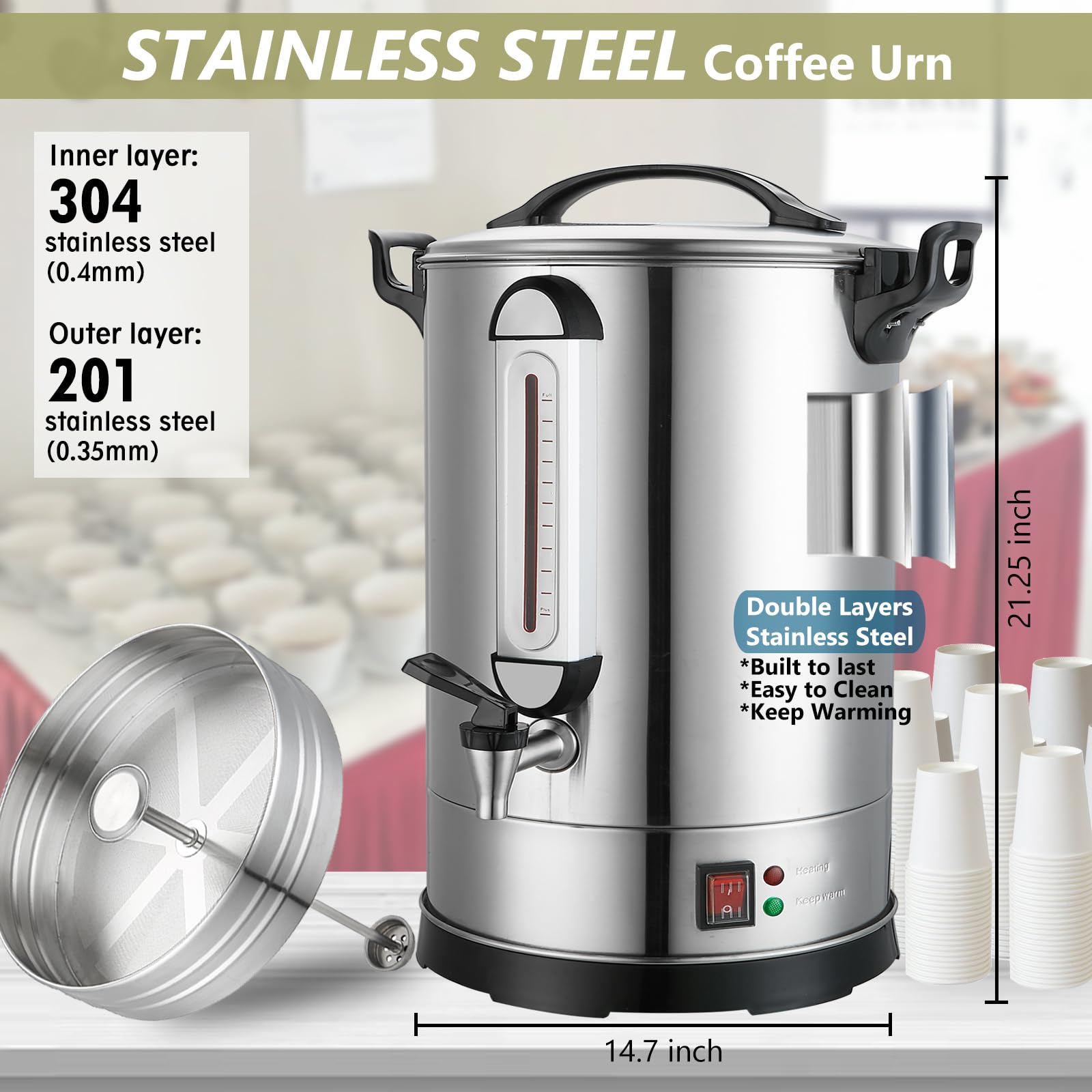 160 Cup Commercial Coffee Urn - 24L Large Stainless Steel Hot Beverage Dispenser with Dual Layers - Perfect for Office Coffee Breaks, Business Catering, Church Events & Restaurant Use