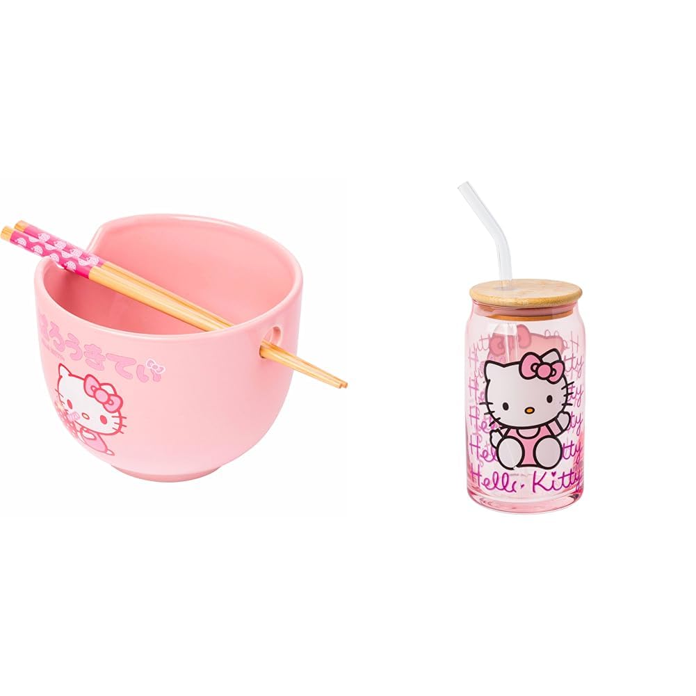 Sanrio Hello Kitty Strawberry Milk Ceramic Ramen Rice Bowl & 16oz Glass Tumbler with Bamboo Lid - Cute Japanese Character Tableware Set for Home, Office, and Gift Giving