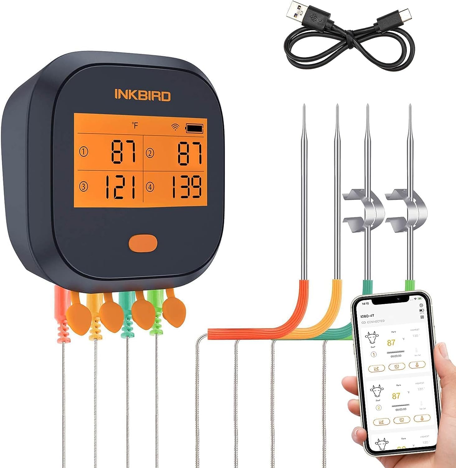 INKBIRD IBBQ-4T WiFi Meat Thermometer with 4 Color Probes - Wireless BBQ Thermometer with App Control, Temperature Graph, Alarm & Timer - Rechargeable for Grilling, Smoking, Roasting & Kitchen Cooking