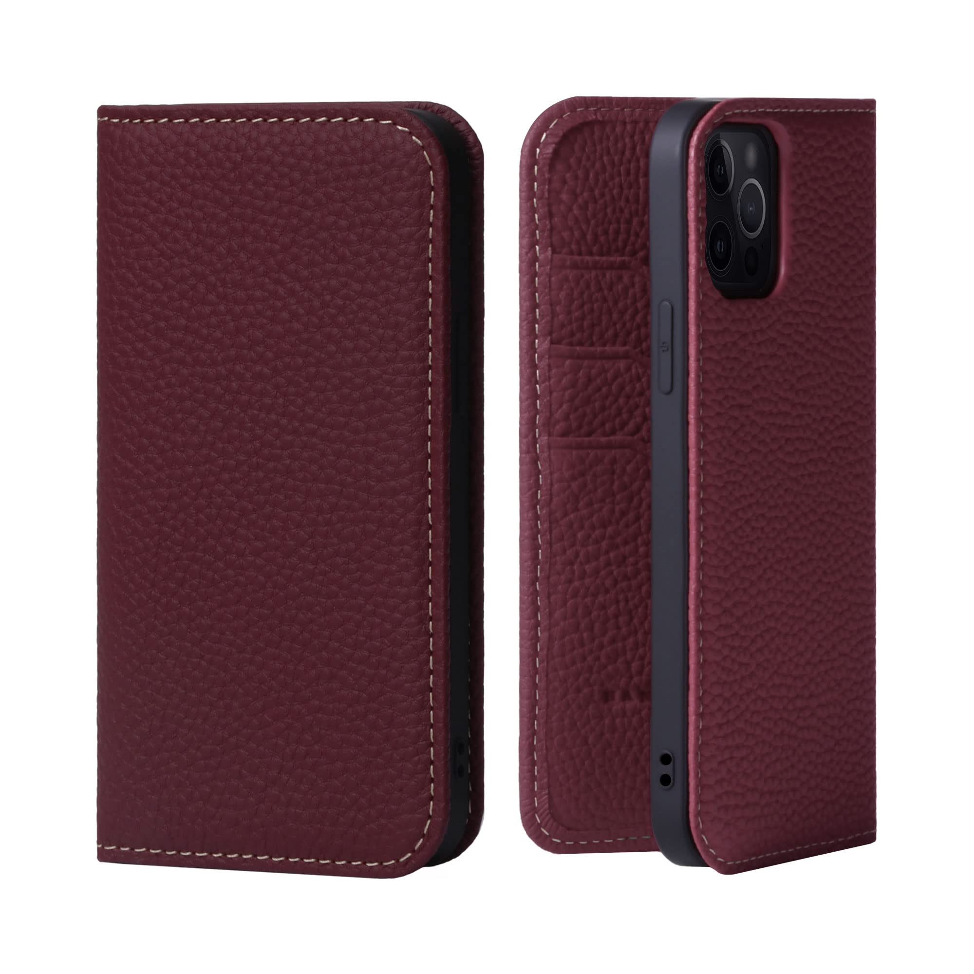 Premium Genuine Leather Flip Case for iPhone 13 Pro with Card Holder - Japanese Style PH-13Pro-WineRed | Slim Protective Phone Cover | Perfect for Business, Travel & Everyday Use