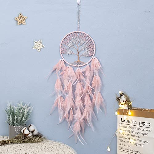 Handmade Tree of Life Dream Catcher with Healing Crystals & Feathers - Pink Bohemian Wall Hanging Decor for Bedroom, Living Room, Wedding (25.6 Inch) | Spiritual Home Decor, Housewarming Gift & Meditation Space Accent