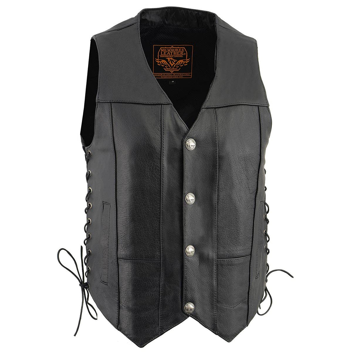 Milwaukee Leather LKM3701 Men's Black Classic V-Neck Motorcycle Vest - Genuine Leather with Buffalo Snaps & Side Laces - Perfect for Biker Rides, Motorcycle Clubs & Casual Outfits