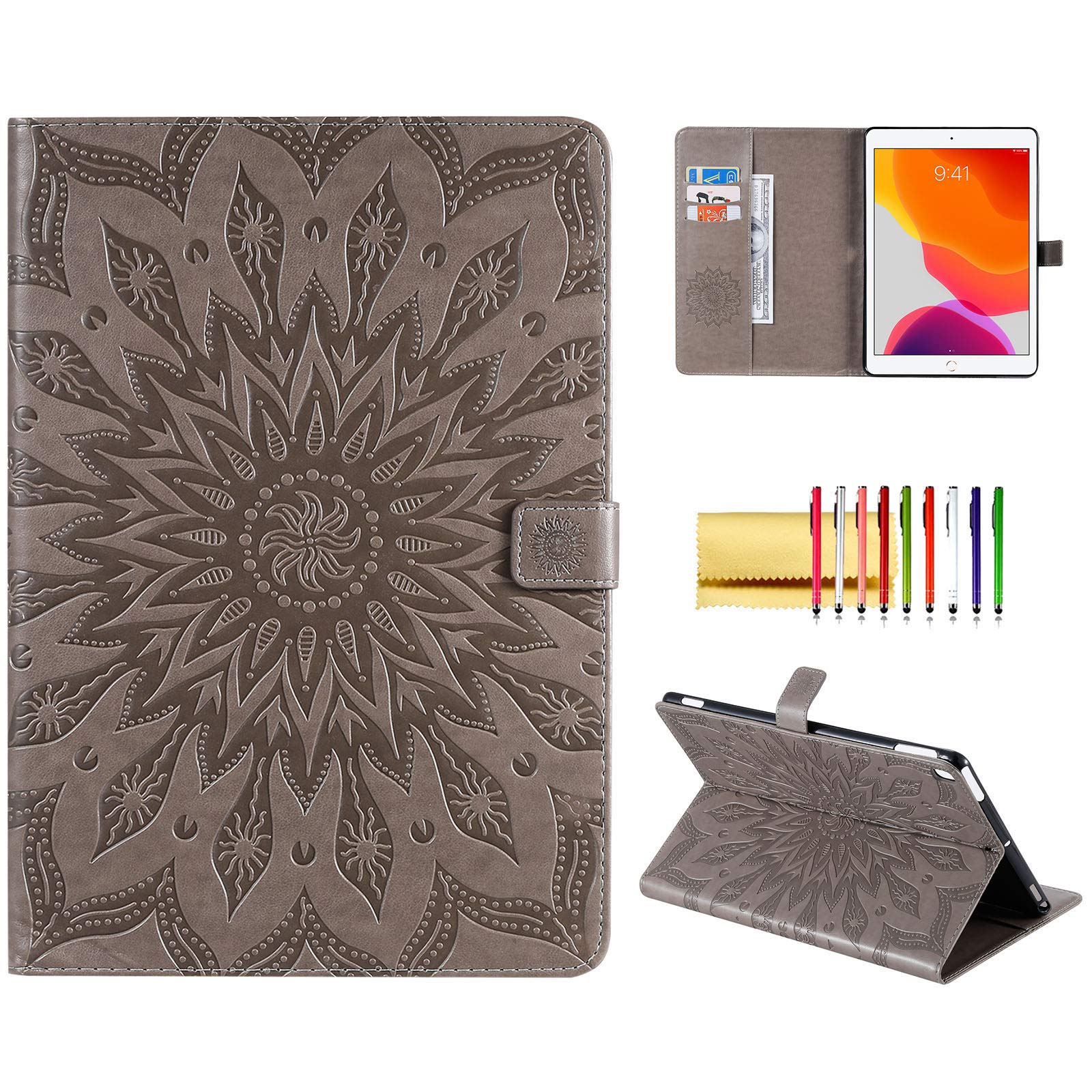 Techcircle Sunflower Embossed PU Leather Folio Case for iPad 9th/8th/7th Generation - Smart Stand Cover with Card Slots, Auto Wake/Sleep, Gray | Perfect for Work, School & Travel Protection