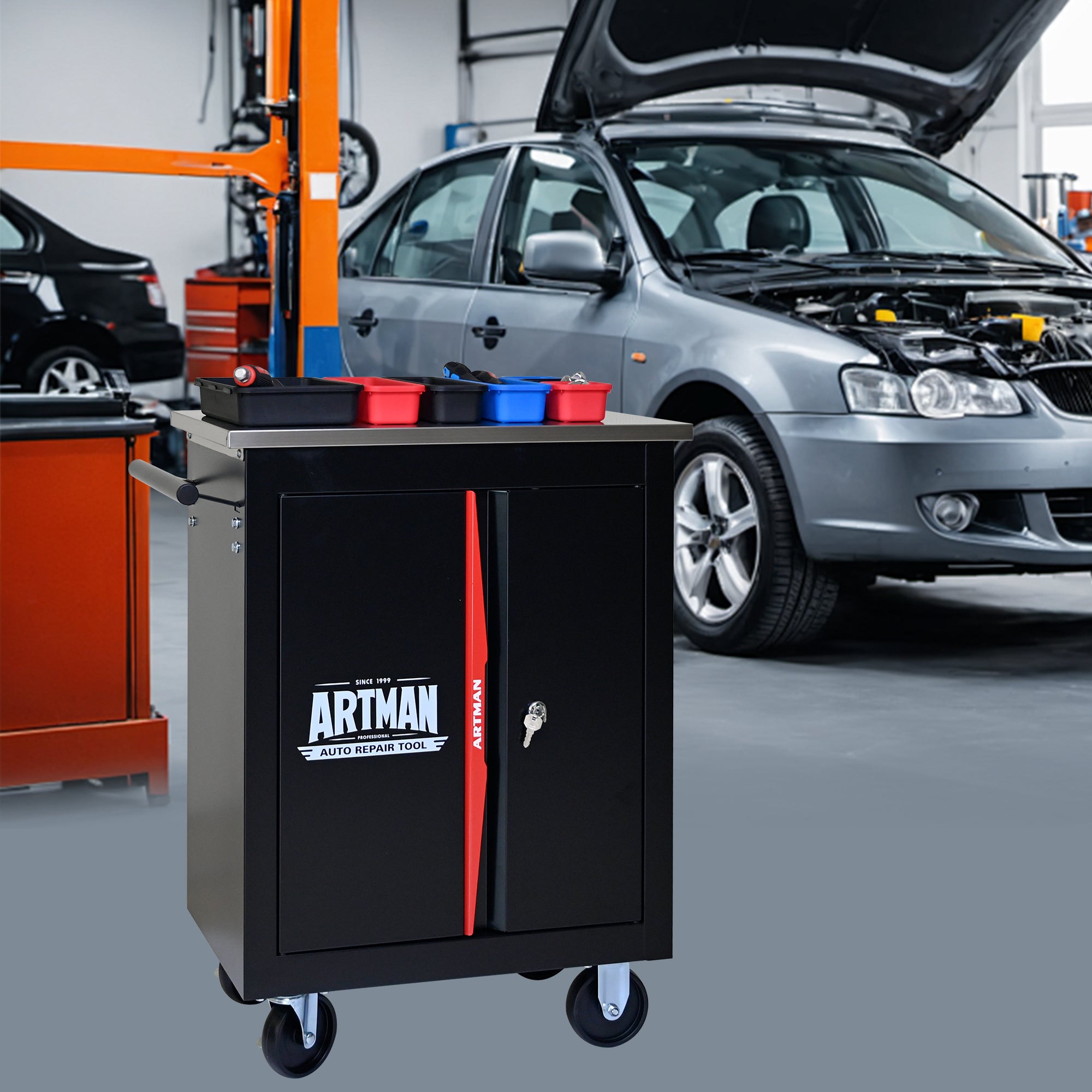 Double Door Clapboard Multi-Function Tool Cart - Black & Red | Heavy Duty Rolling Utility Cart for Workshop, Garage & Home Organization