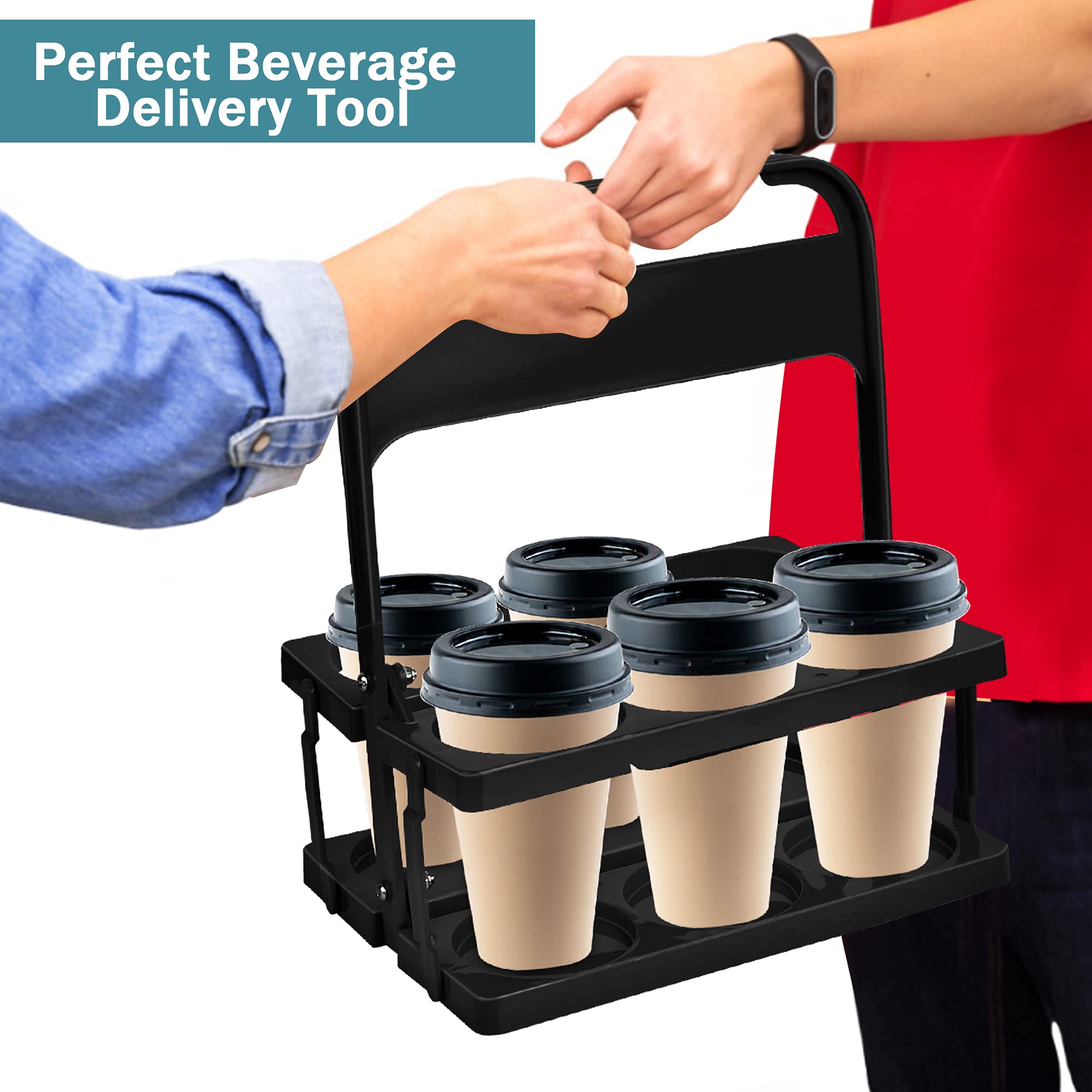 Foldable 6-Hole Plastic Cup Holder with Handle - Portable Drink Carrier for Car, Perfect for Uber, Doordash & Food Delivery Drivers (Black) | Ideal for Takeout, Coffee Shops & Road Trips
