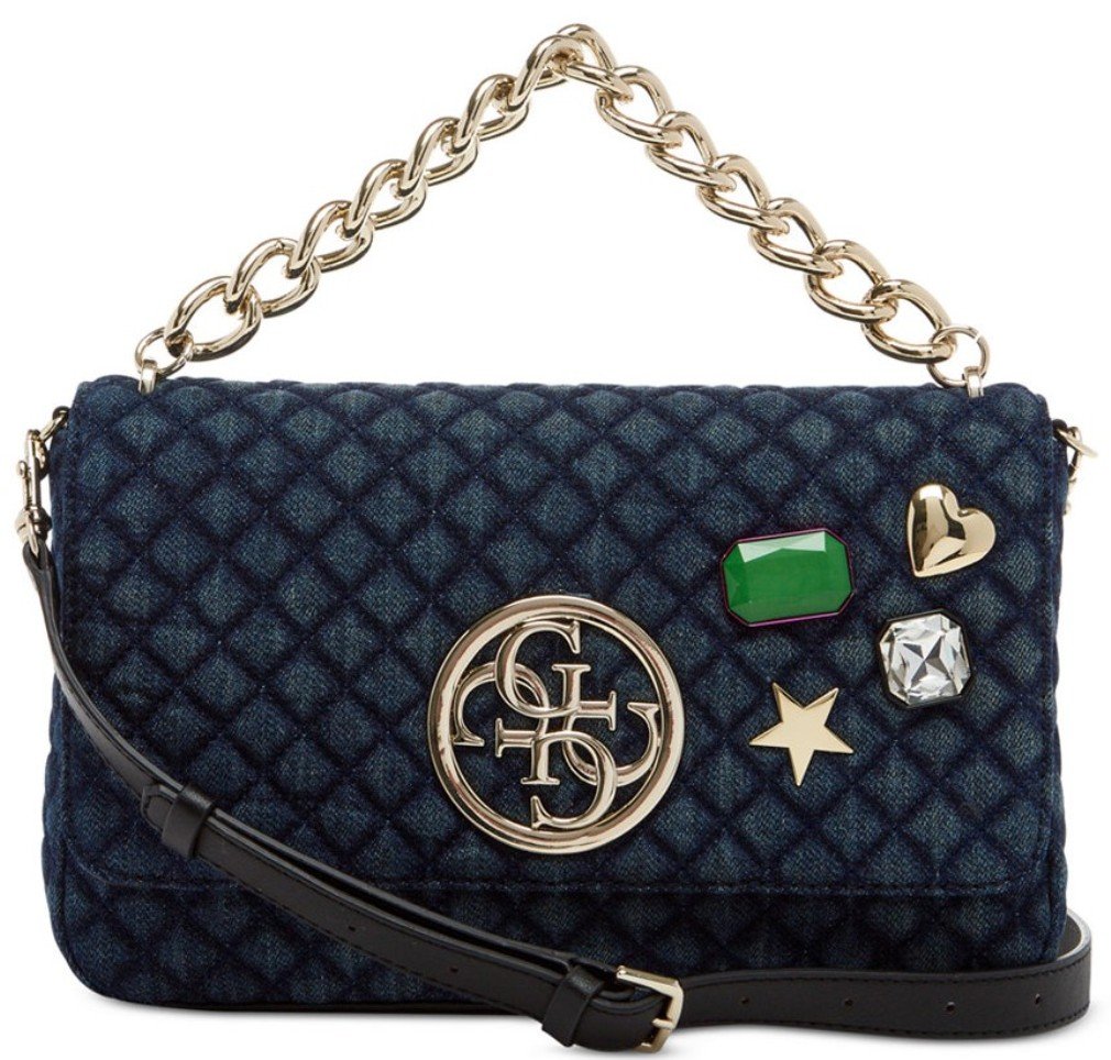 Guess Women's G Lux Denim Quilted Flap-Over Crossbody Handbag Purse - Stylish Shoulder Bag for Everyday Use, Work, Travel & Date Night Outfits