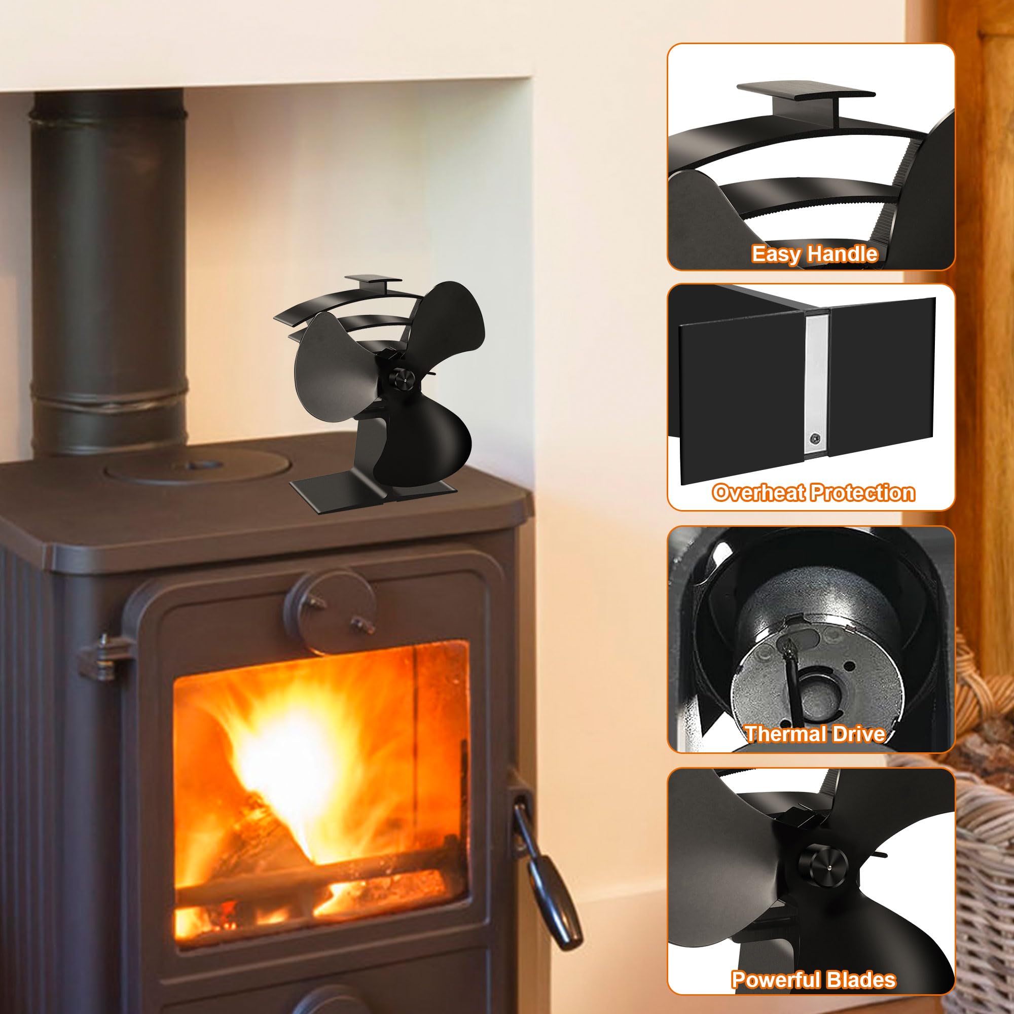 **3 Blade Wood Stove Fan - Heat Powered Fireplace Fan with Bracket - Eco-Friendly Thermoelectric Thermal Fan for Pellet Stove, Wood Burner & Fireplace - Perfect for Heating Efficiency & Cozy Home Ambiance**