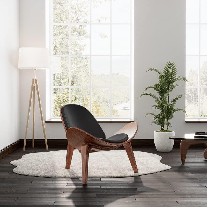 Mid Century Modern Shell Lounge Chair - PU Leather Upholstery, Tripod Plywood Base & Solid Wood Accent - Classic Design Living Room Chair for Reading Nook, Office Lounge & Salon Decor (Brown) - Perfect for Modern Homes, Coffee Shops and Waiting Areas
