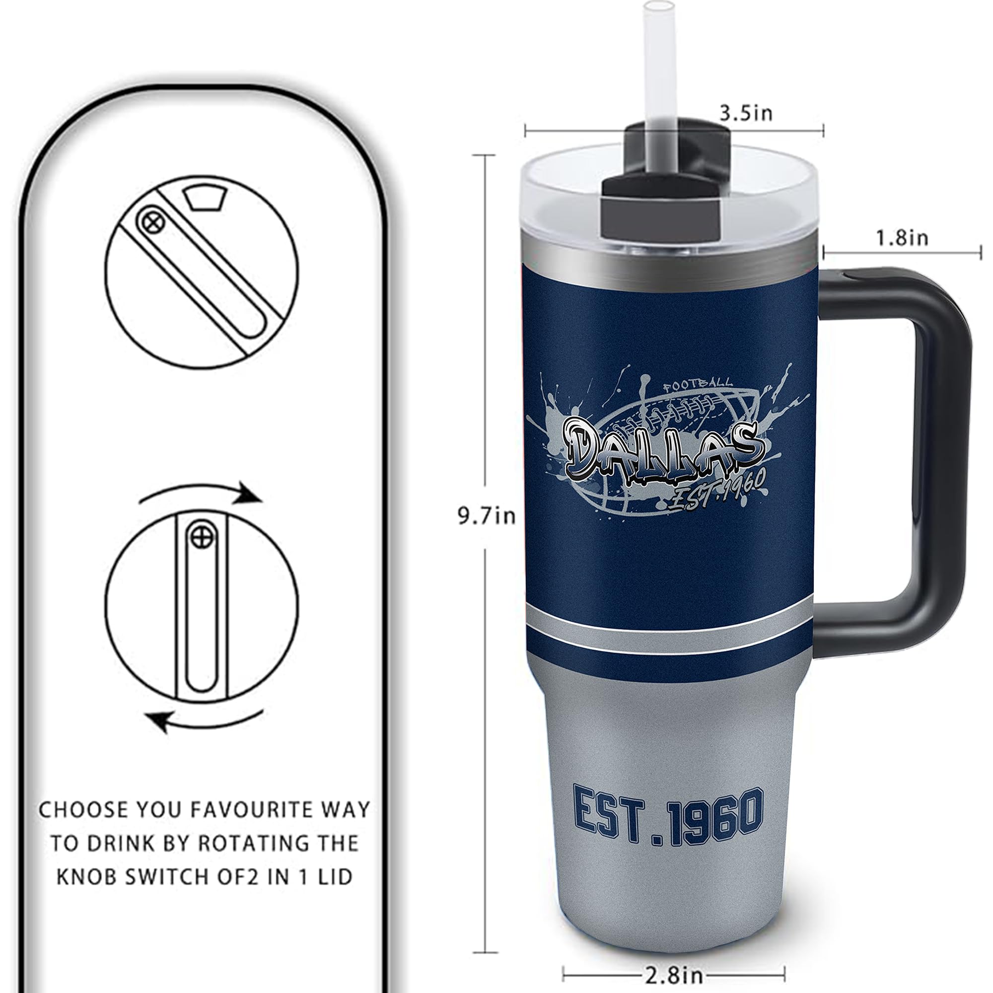 30 oz Stainless Steel Insulated Tumbler with Handle & Straw - Leakproof Travel Mug for Coffee, Tea & Cold Drinks - Dallas Cowboys Fan Gift - Perfect for Commuting, Office & Outdoor Activities