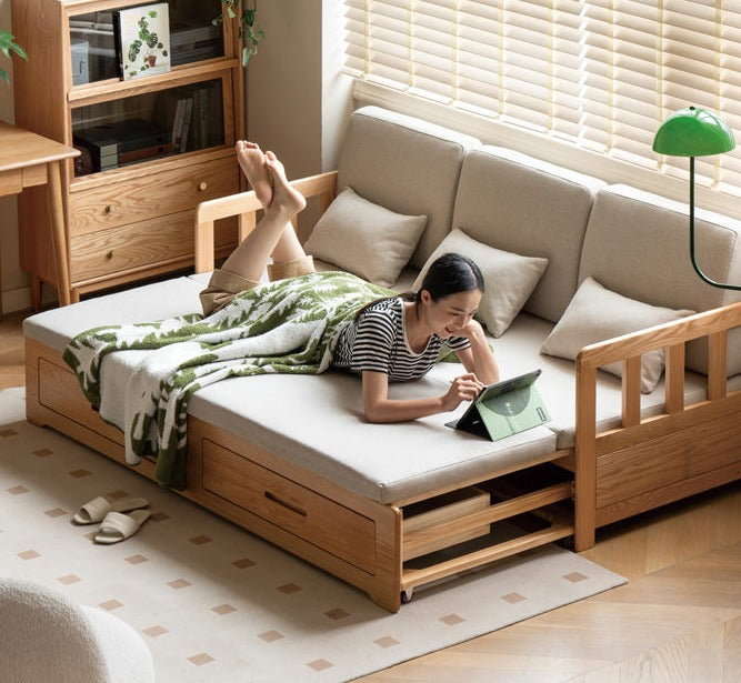 Solid Oak Wood Sofa Bed with Folding & Retractable Storage | Convertible Sleeper for Small Spaces, Guest Rooms & Apartments