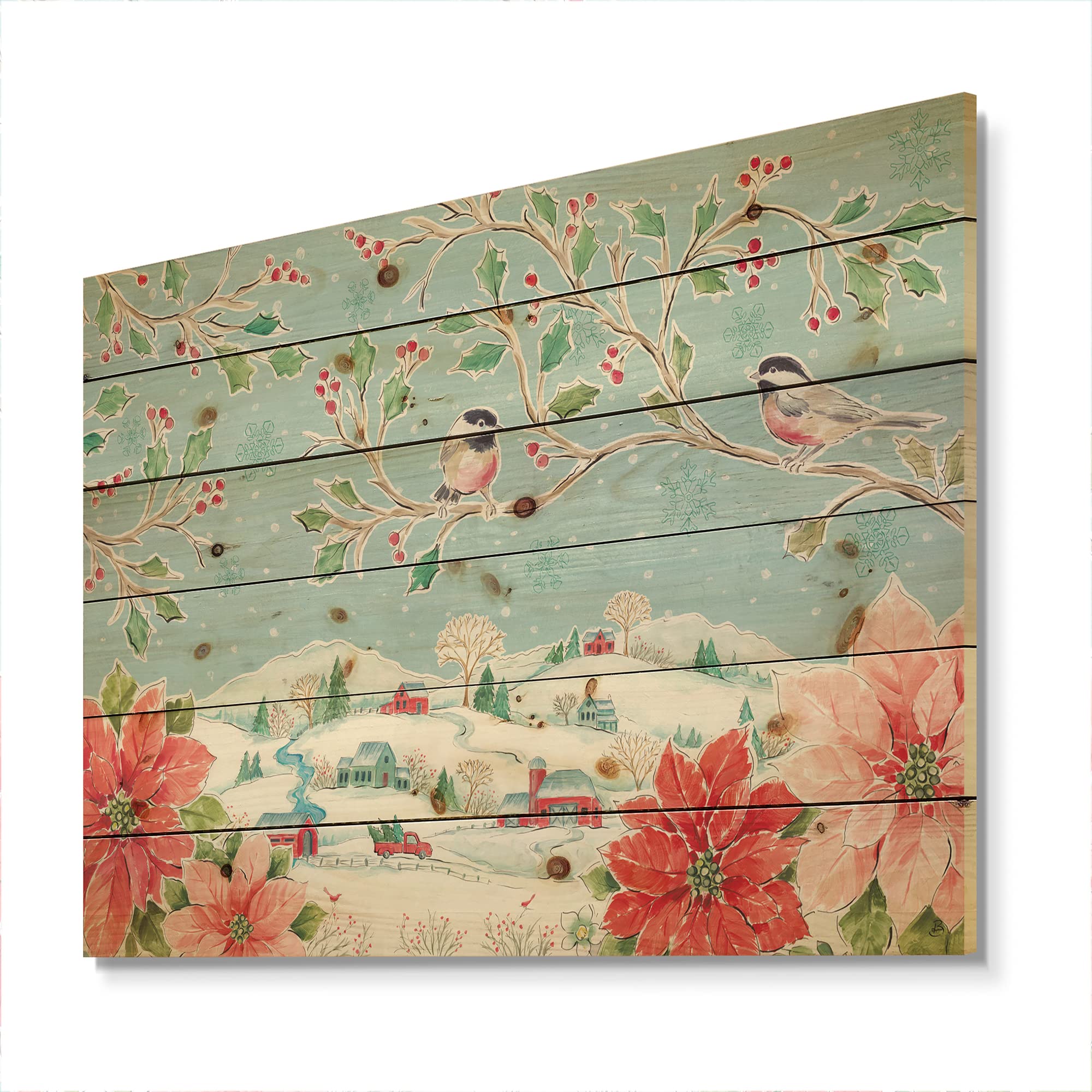 Country Flower Snowflakes II Traditional Wood Wall Decor - Red Wood Wall Art, Large Floral Wood Panels Printed on Natural Pine - Perfect for Living Room, Bedroom, and Farmhouse Decor