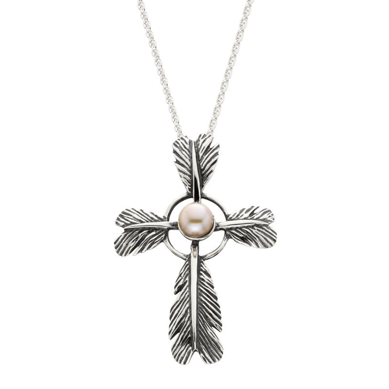Grainger McKoy Wide Feather Cross Pearl Pendant Necklace - Elegant Religious Jewelry for Women, Perfect for Church, Weddings & Special Occasions