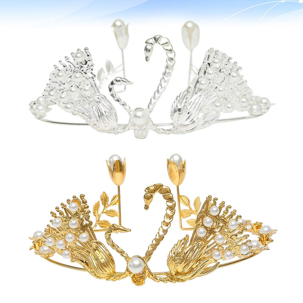 2PCS Rhinestone Tiara Swan Cupcake Toppers - Crystal Wedding Cake Decorations for Engagement, Anniversary & Birthday Parties - Elegant Pearl & Gold Trim Bride Princess Accessories (Perfect for Wedding Cakes, Bridal Showers, Birthday Celebrations & Special Events)