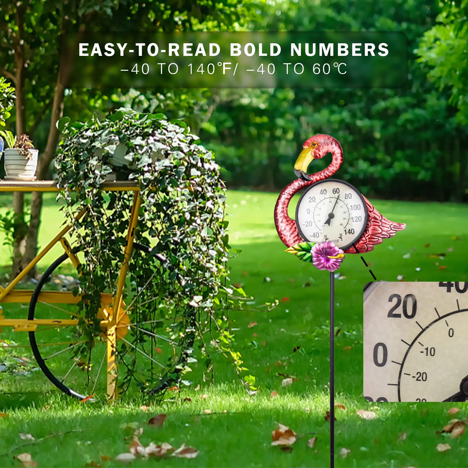 Flamingo Outdoor Thermometer with Metal Stake - Weatherproof Garden Thermometer for Lawn, Yard, Pathway & Patio Decor - Perfect for Backyard, Poolside & Outdoor Entertaining Areas