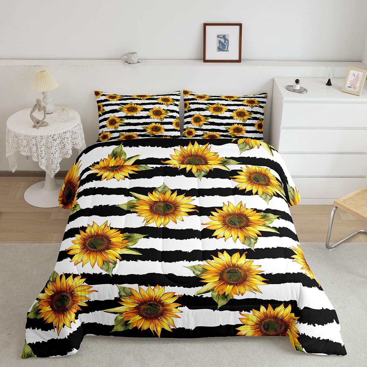 Feelyou Sunflower Comforter Set - Black & White Striped Floral Duvet Cover | Soft Queen Size Bedding for Boys, Girls & Teens | Perfect for Bedroom Decor, Dorm Room & Cozy Home