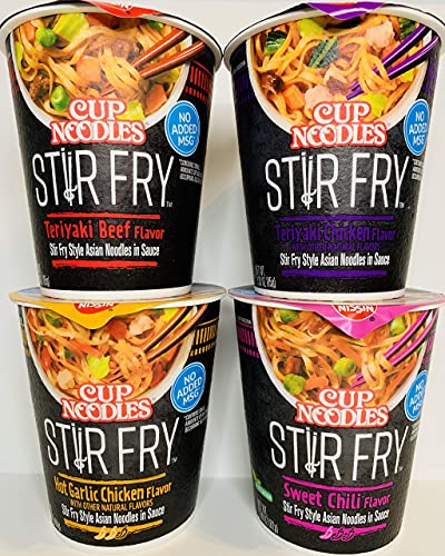 Nissin Cup Noodles Stir Fry Variety Pack - 4 Flavors: Teriyaki Beef, Teriyaki Chicken, Hot Garlic Chicken & Sweet Chili (10-Pack) | Quick Microwave Meal, Office Lunch, College Dorm Snack, Emergency Food Supply