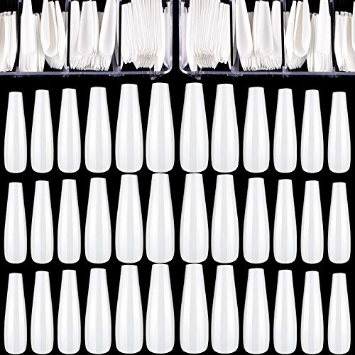 300 Pieces Extra Long Coffin Press on Nails - XXL Ballerina False Nails Full Cover Set with Storage Box - White Artificial Nails for Women & Girls - Perfect for Nail Art, Salon, Parties & Special Occasions