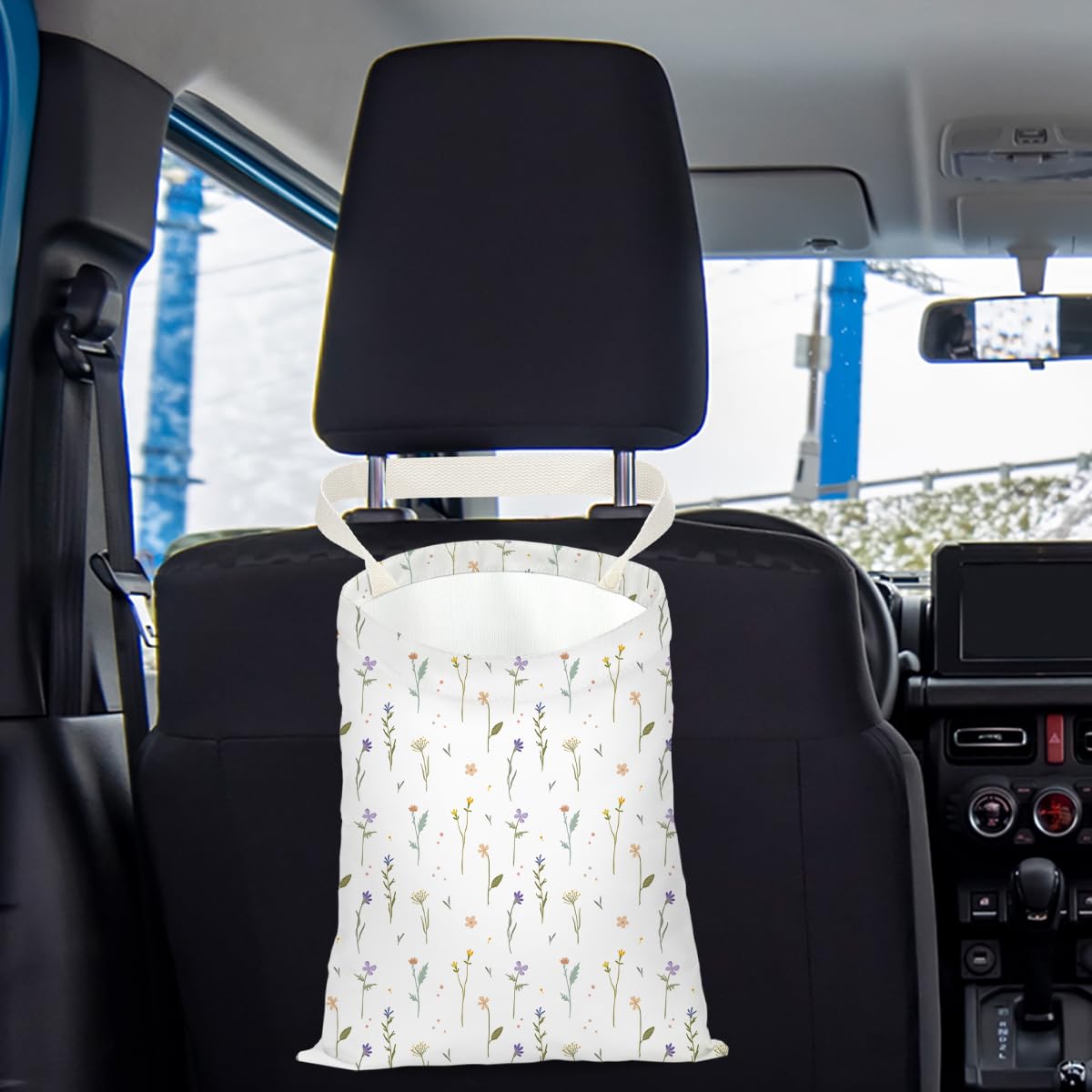 Waterproof Hanging Car Trash Bag - Back Seat Organizer & Garbage Can for Vehicle Accessories | Travel, Camping, Road Trips | Daisy Floral Decor