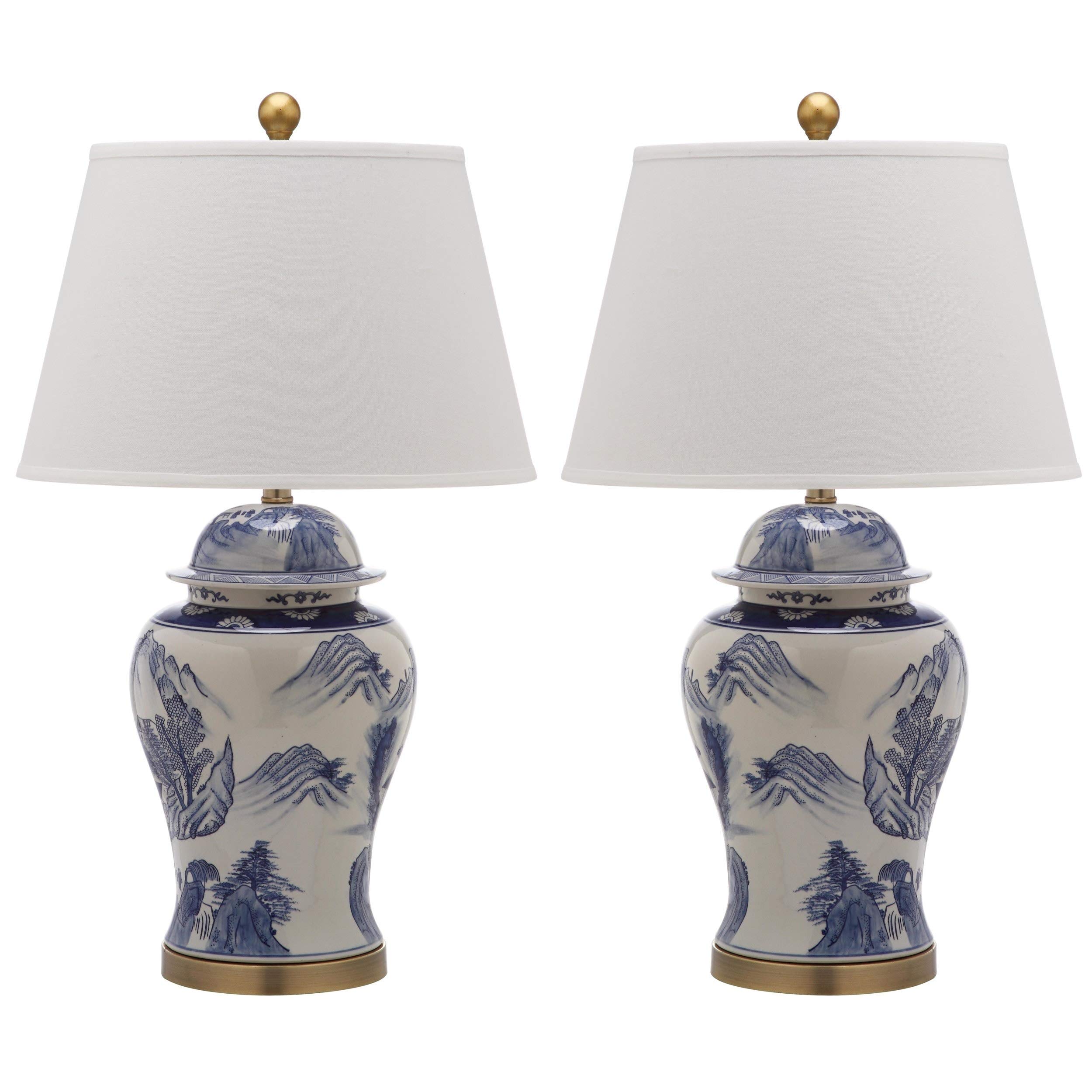 29-inch Shanghai Blue and White Ginger Jar Table Lamps (Set of 2) with Traditional Gold Bulbs - Chinese Style Home Decor for Living Room, Bedroom & Office Lighting