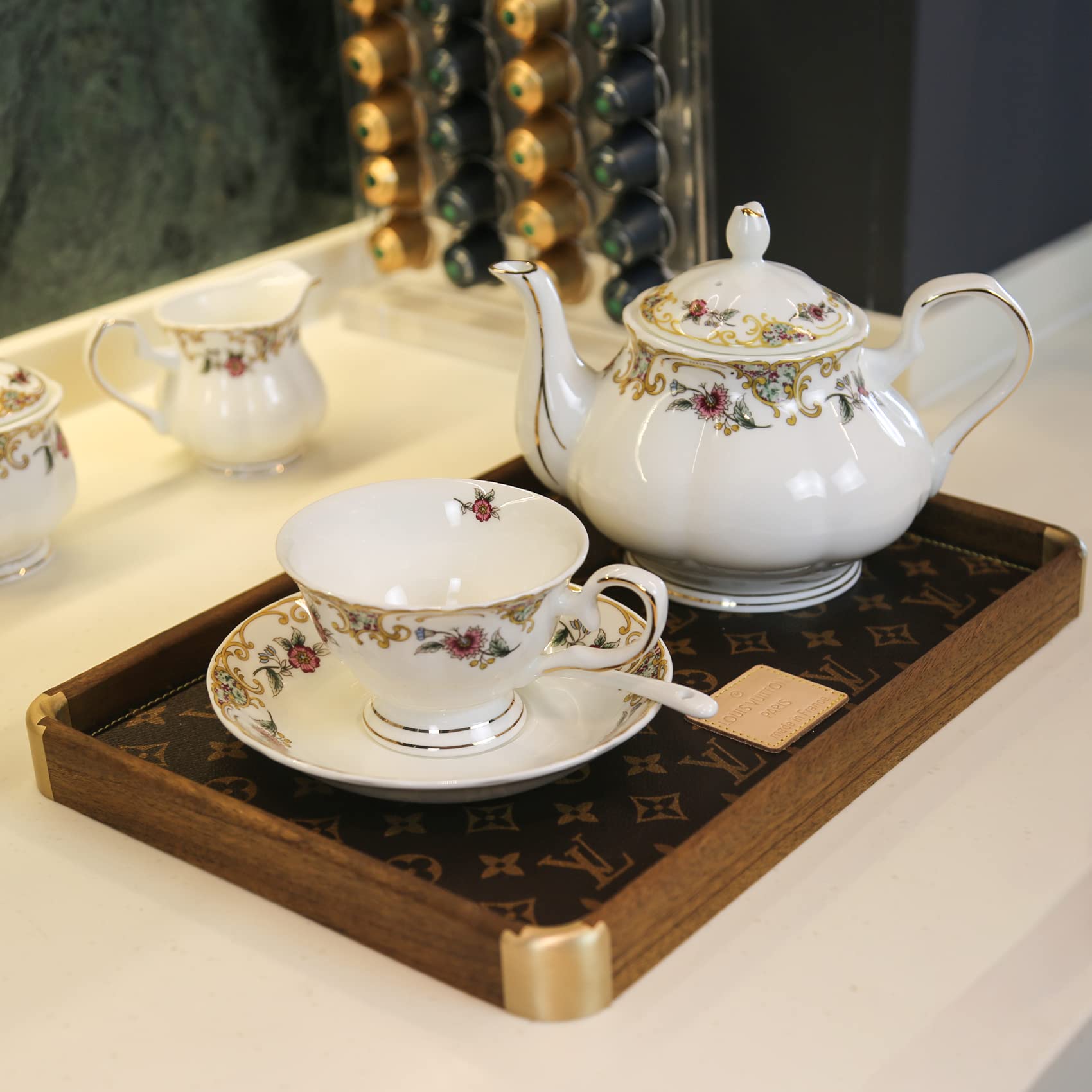 Premium 21-Piece Bone China Tea Set - Elegant White Floral Porcelain Tea Cups, Teapot, Sugar Bowl & Creamer Pitcher - English Tea Party Set for Adults & Women - Perfect for Afternoon Tea, Bridal Showers & Gift Giving