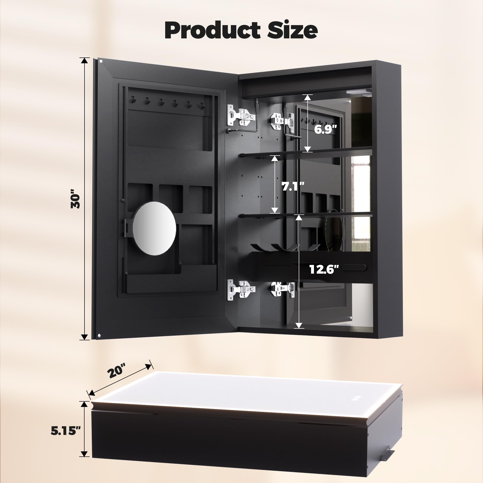 20x30 Inch Bathroom Mirror Cabinet with LED Dimming Lights - Wall Mounted Medicine & Jewelry Storage Organizer with Hair Dryer Shelf | Modern Bathroom Vanity Mirror for Makeup, Shaving & Home Decor