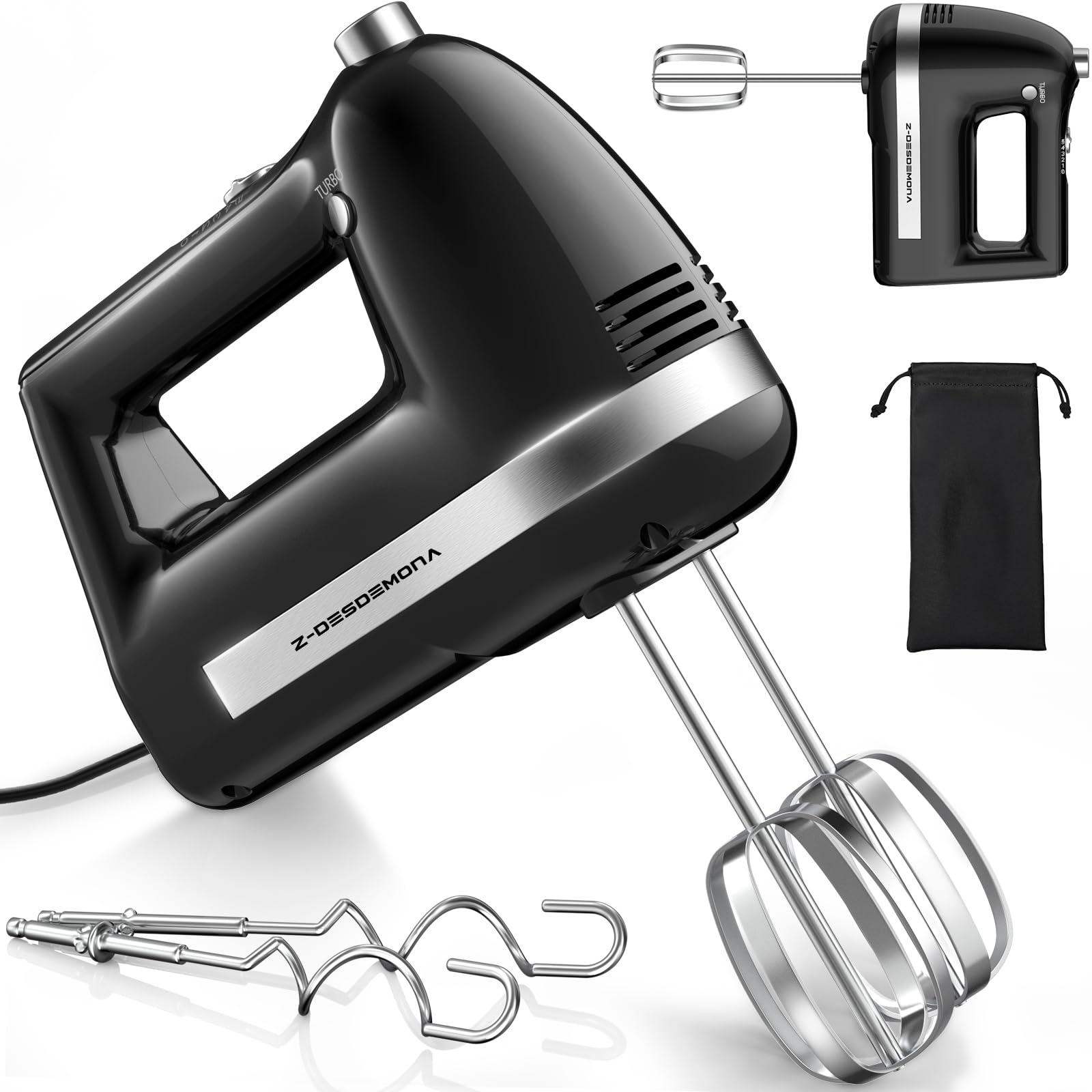 300W Powerful Electric Hand Mixer with 304 Stainless Steel Beaters & Dough Hook - Turbo Handheld Mixer for Baking Cakes, Whipping Eggs, Cream - Perfect for Home Kitchen & Professional Bakers (Black)
