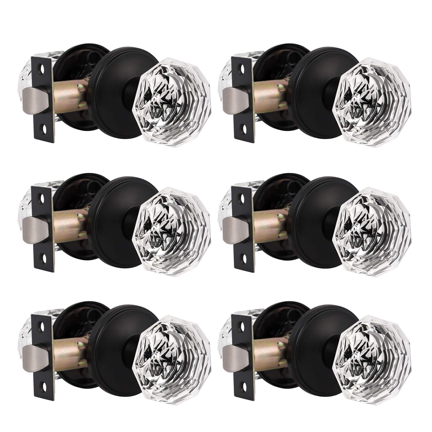(6 Pack) Knobelite Crystal Glass Keyless Passage Door Knobs Set - Round Modern Interior Door Handles for Hall, Closet & Bedroom Doors - Black Finish (No Lock Function) - Perfect for Home, Office & Apartment Interior Doors