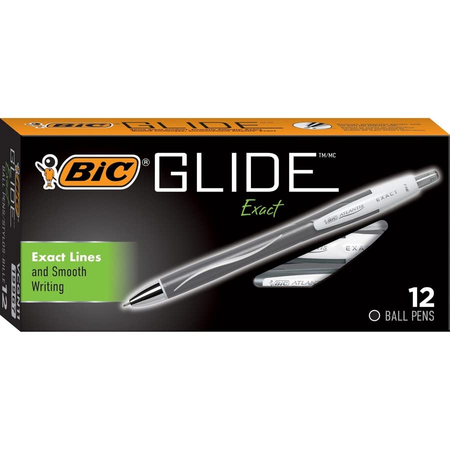 BIC Glide Exact Retractable Fine Point 0.7mm Pens - Black Ink, 12-Pack (VCGN11BK) - Smooth Writing for Office, School & Note Taking