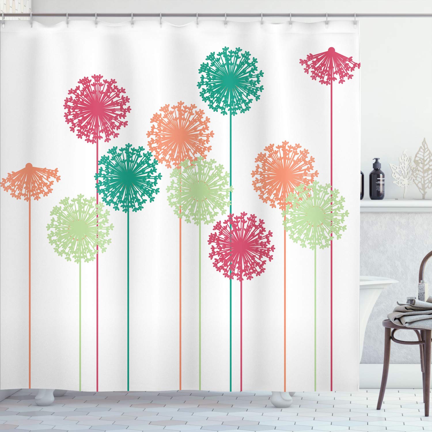Ambesonne Dandelion Shower Curtain - Abstract Wildflower Silhouette Design, Botanical Meadow Inspired Bathroom Decor, 69x84 Inch White Peach Fabric Set with Hooks | Perfect for Summer-Themed Bathrooms & Boho Home Decor