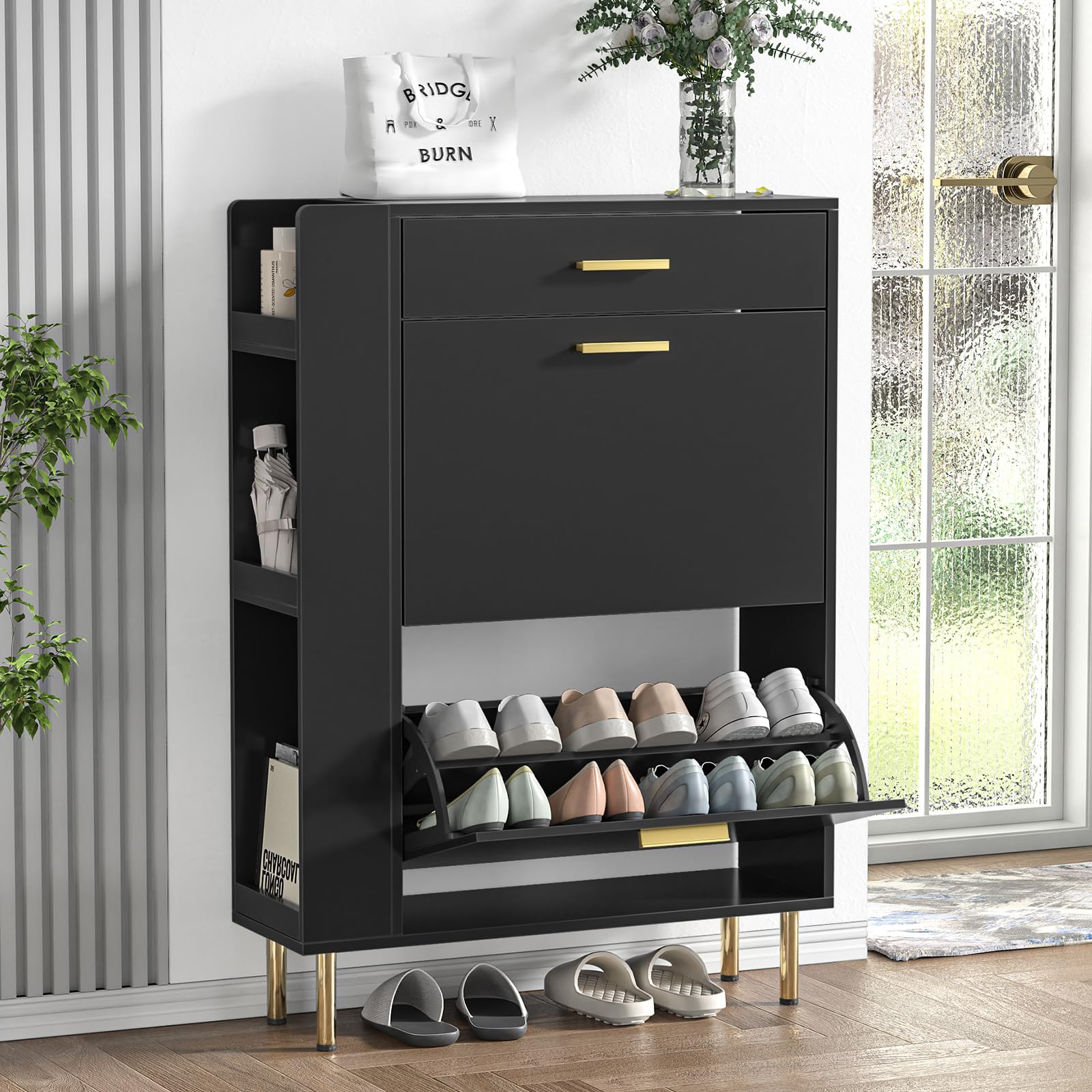Anmytek Modern Black Shoe Cabinet with 2 Flip Drawers - Freestanding Shoe Storage Organizer for Entryway, Hallway, Bedroom & Closet - Space Saving Narrow Shoe Rack with Storage Drawers for Shoes, Boots & Accessories