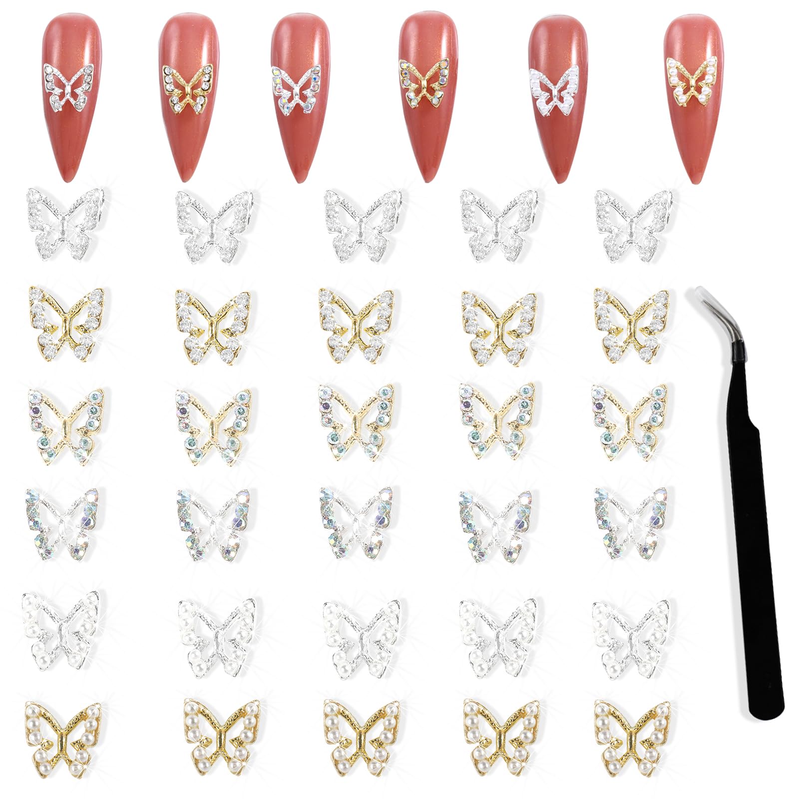 30Pcs Alloy Butterfly Nail Charms - 3D Metal Butterfly Nail Gems with Rhinestones for Acrylic Nails | Shiny Crystal Nail Art Decorations with Tweezer | Perfect for DIY Manicure, Nail Salon & Party Nail Designs