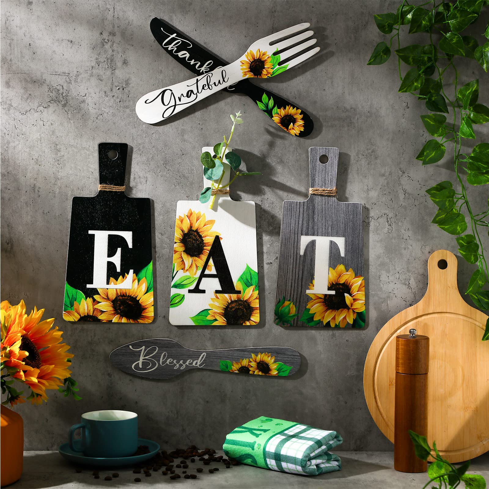 Bucherry Set of 6 Sunflower Kitchen Wall Decor - Wooden Fork and Spoon Wall Hanging Plaques with Eat Signs - Farmhouse Style Kitchen Accessories for Dining Room, Country Kitchen, and Rustic Home Decor