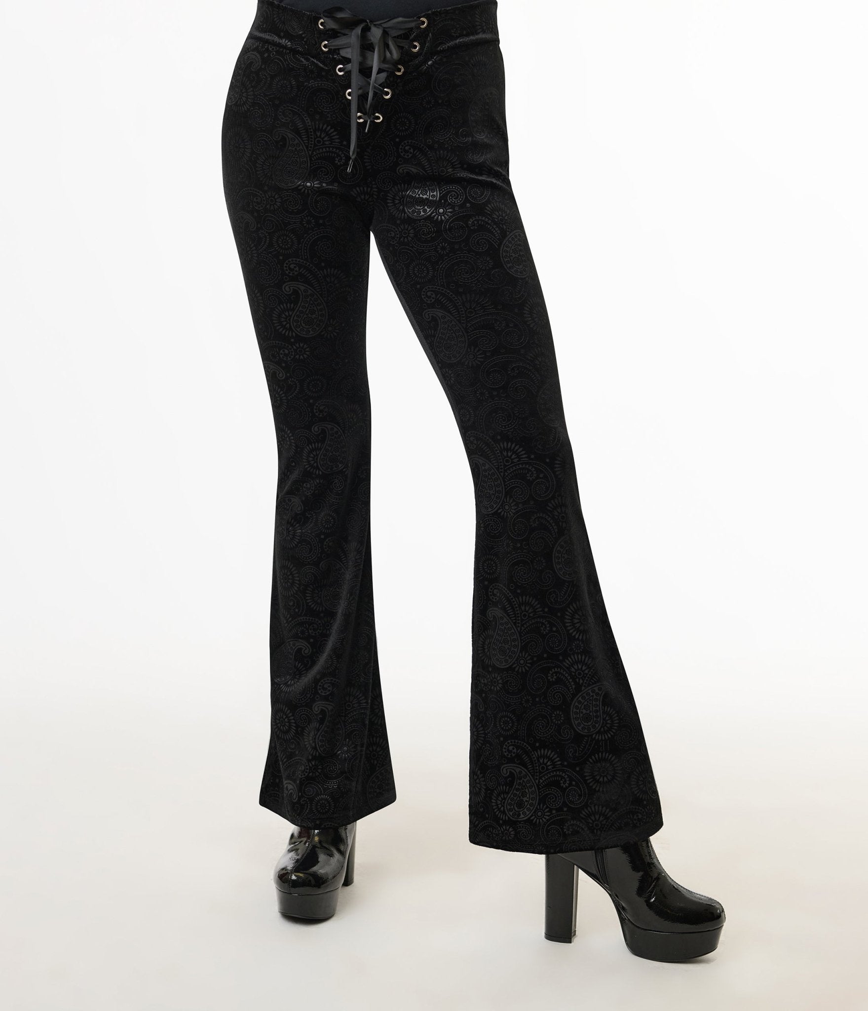 1970s Black Burnout Velvet Flare Pants with Lace-Up Detail - Vintage Retro Hippie Style for Women | Perfect for Music Festivals, Parties & Boho Fashion Outfits
