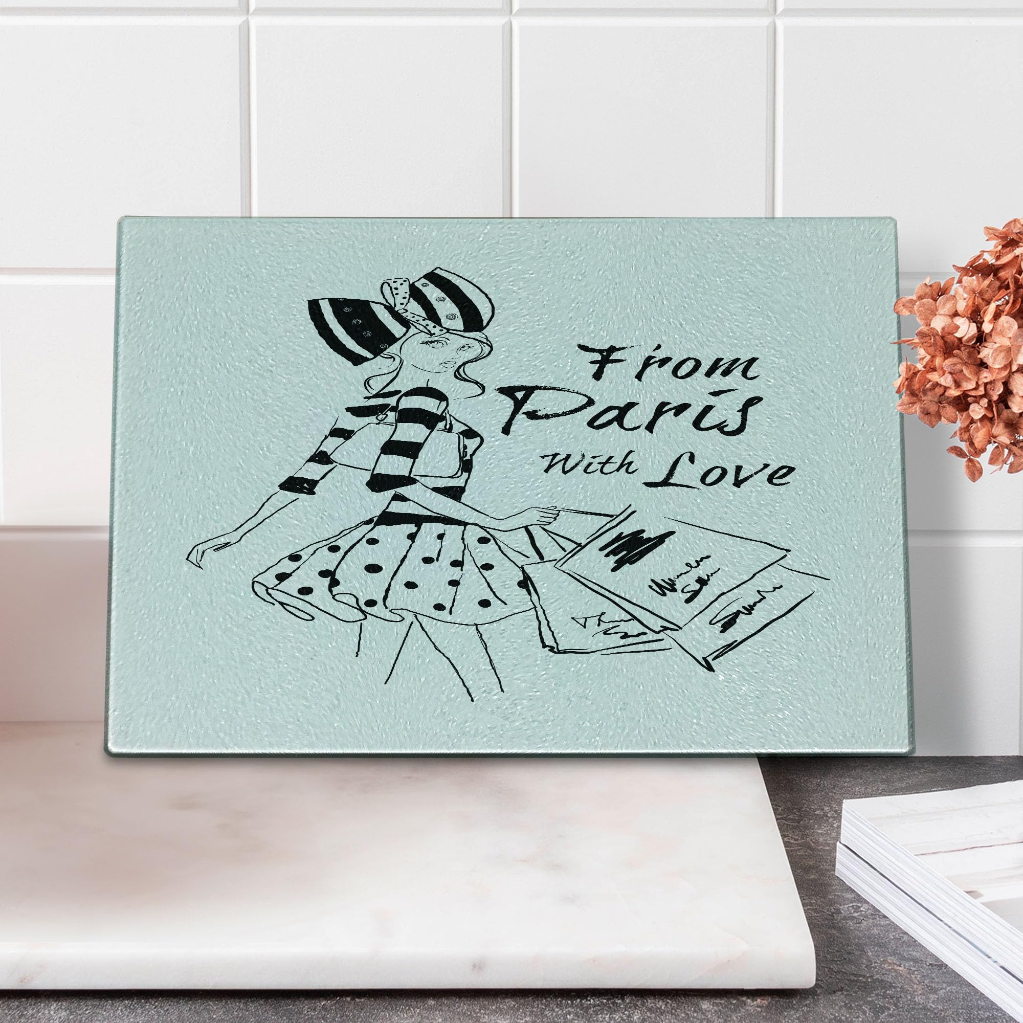 Ambesonne Paris Themed Glass Cutting Board - Hand Drawn Fashion Girl with Polka Dot Skirt Design - Small Black & White Tempered Glass Serving Board for Kitchen, Dining & Gift Giving