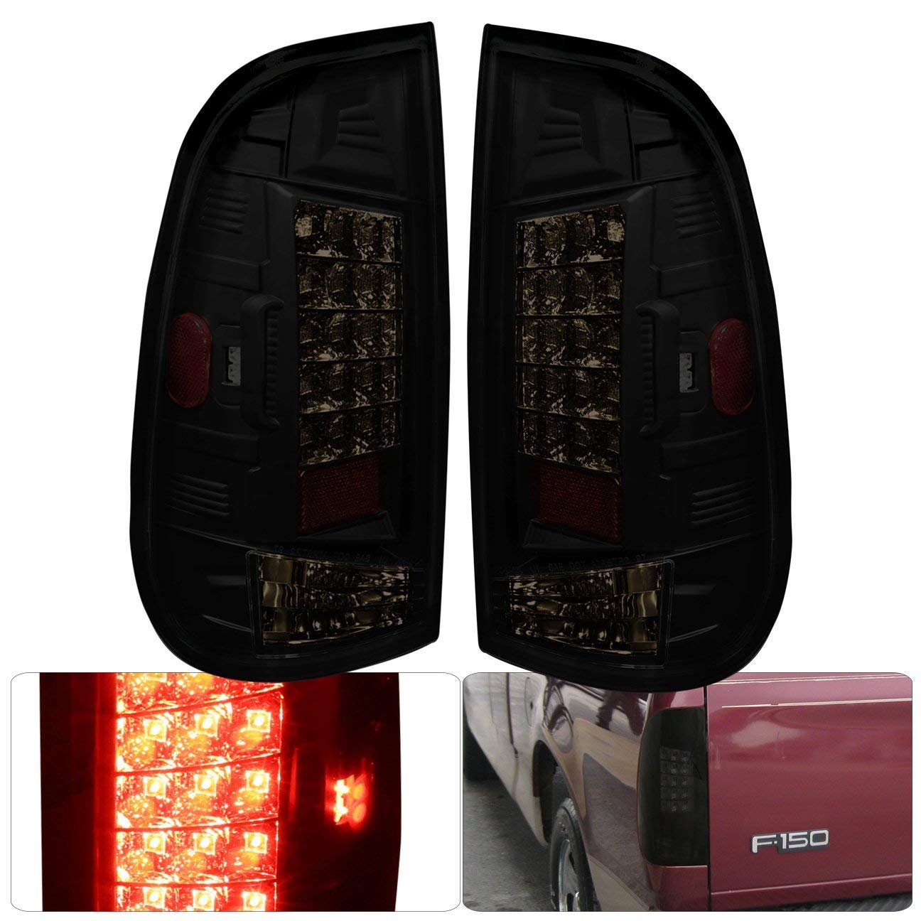 1997-2003 Ford F150 & 1999-2007 Ford F250 F350 F450 LED Tail Lights - Smoked Lens with Chrome Housing - Replacement Parts for Trucks - Perfect for Night Driving & Off-Road Adventures